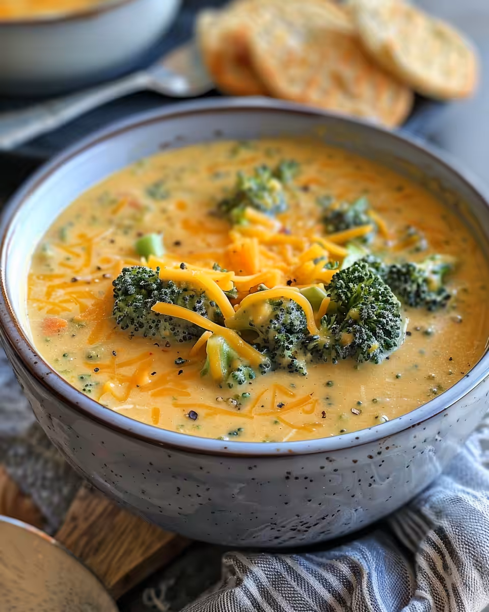 Bowl of creamy broccoli cheddar soup served warm