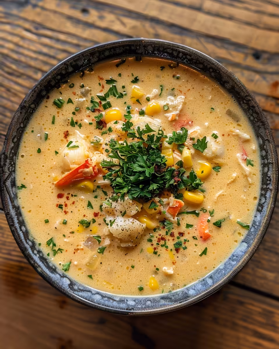 Finished corn and crab chowder served in bowl with chives garnish