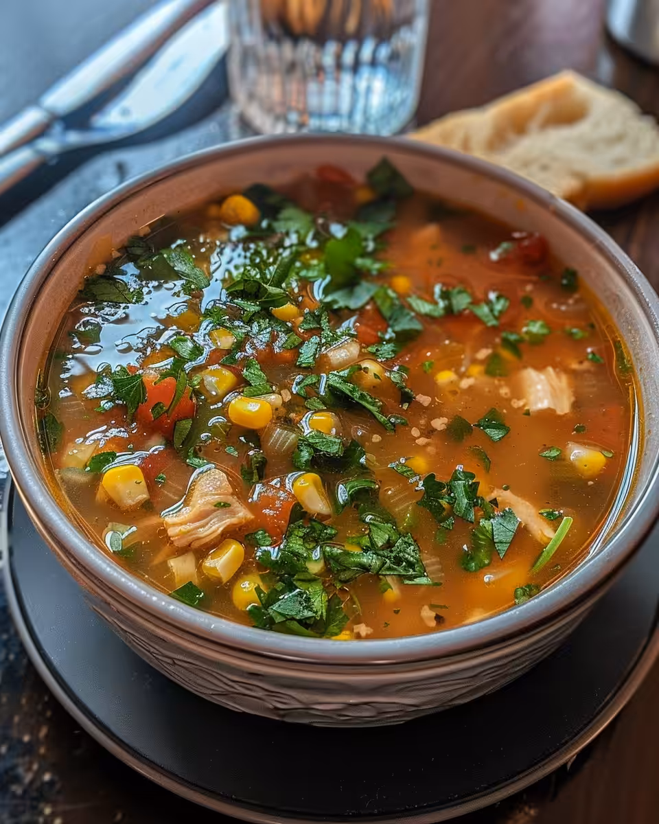 Served bowl of corn chicken and tomato soup topped with cheese