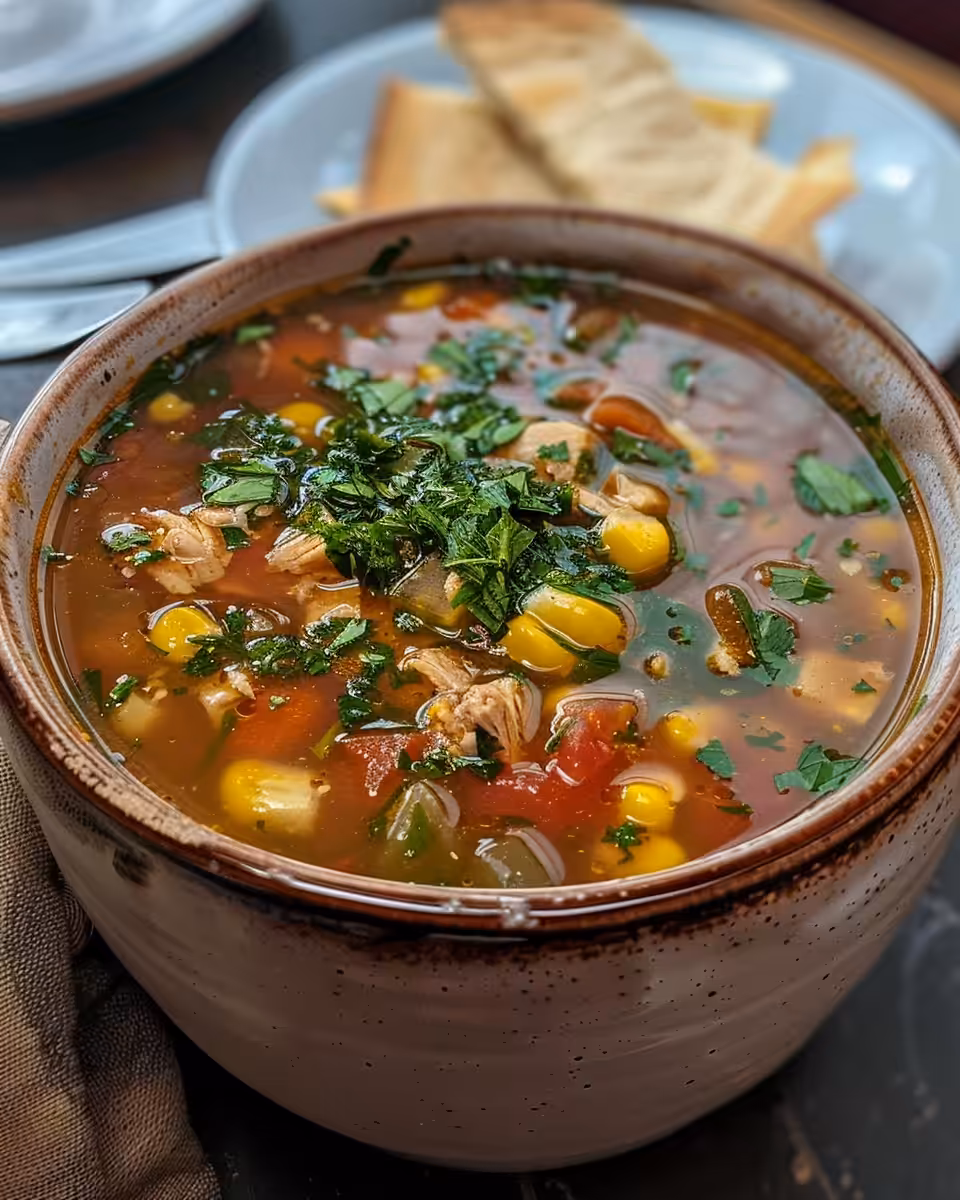 Warm corn, chicken, and tomato soup in a bowl, ready to eat