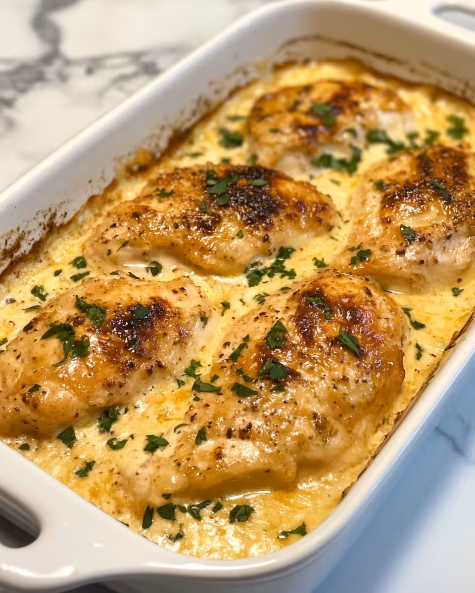 Served creamy baked chicken with spinach and parmesan garnish