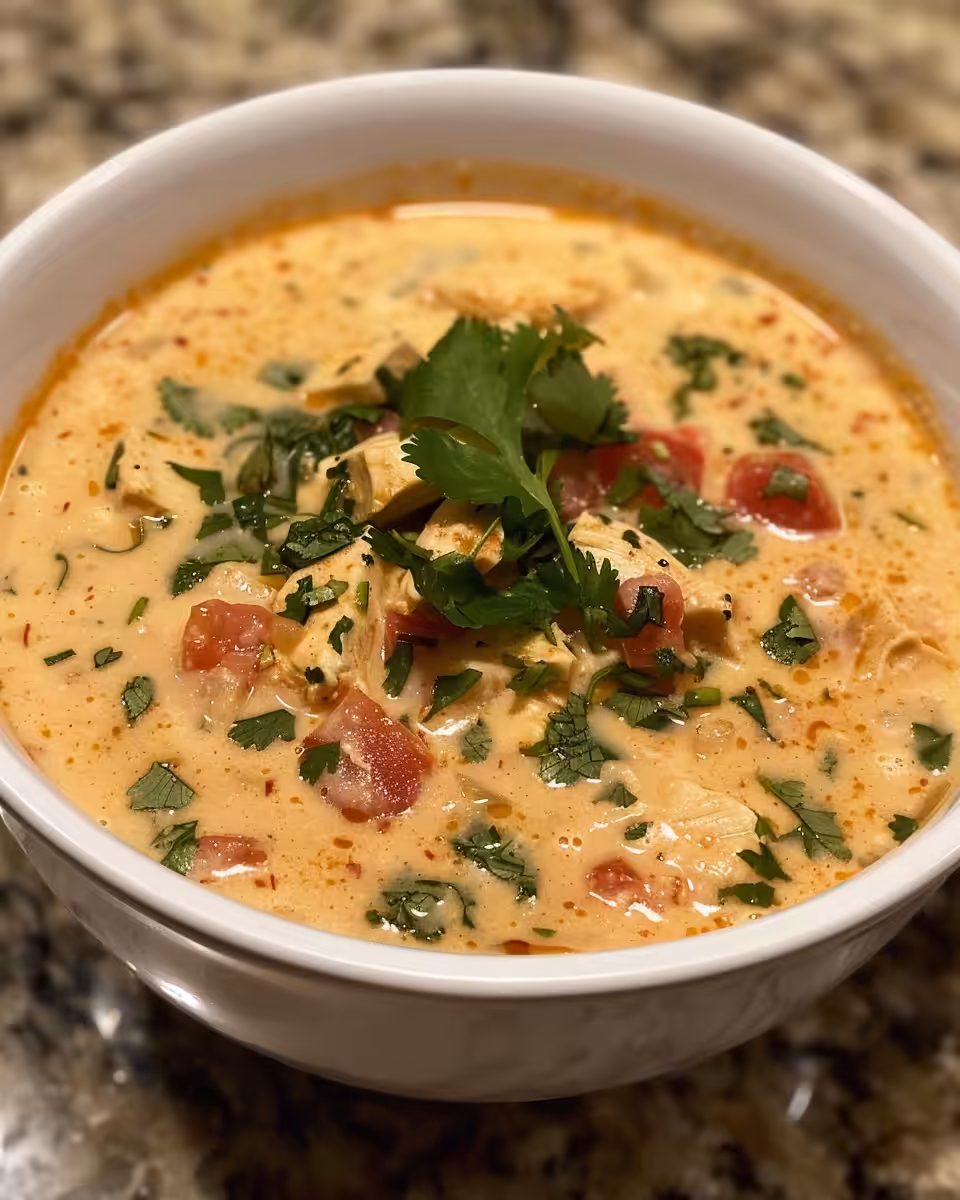Ingredients and cooking process of creamy chicken enchilada soup with spices and vegetables