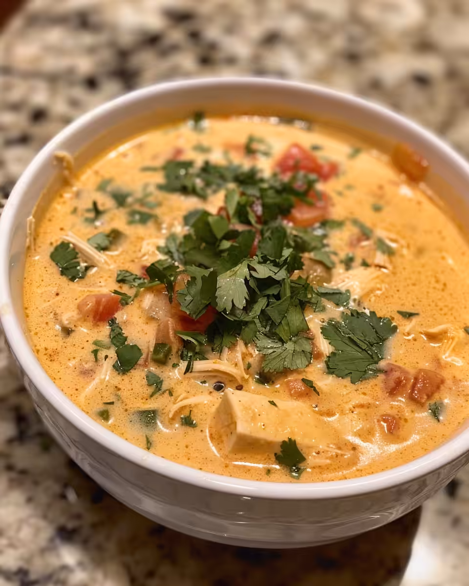 Bowl of creamy chicken enchilada soup with shredded cheese and garnishes