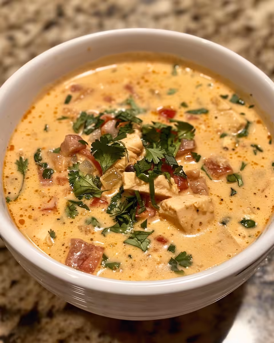 Creamy chicken enchilada soup in pot, cozy and inviting