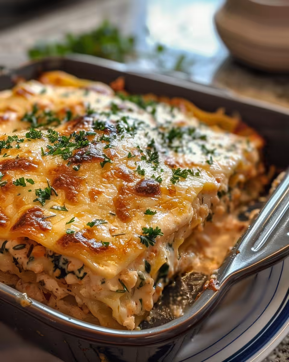 Sliced serving of creamy chicken lasagna on plate ready to eat
