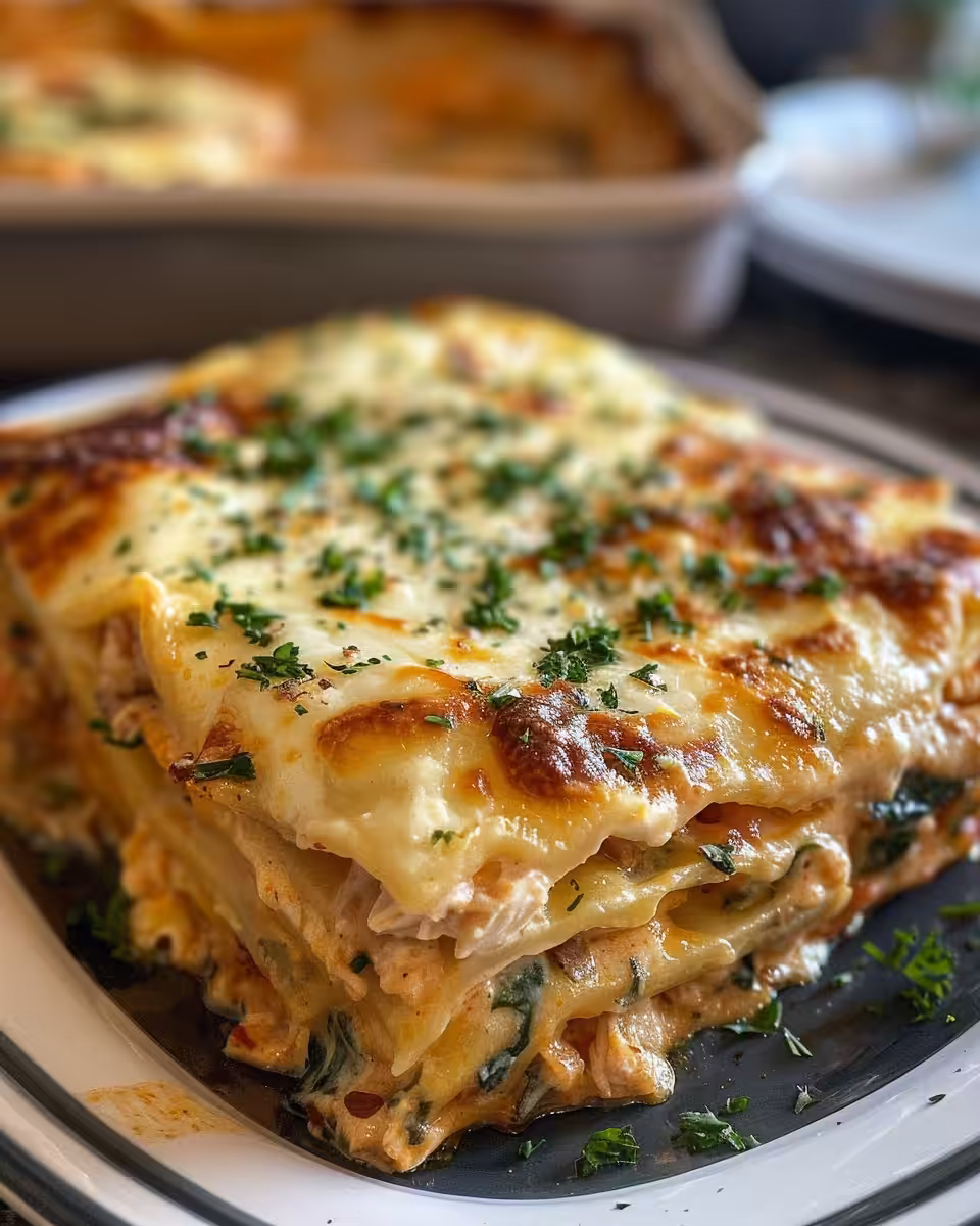 Close up of creamy chicken lasagna fresh from the pressure cooker