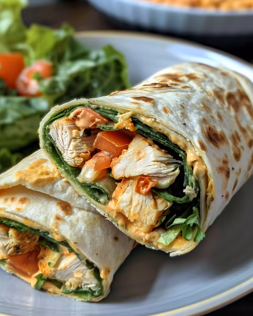 Creamy chicken power wraps in low carb Mission wraps freshly cooked
