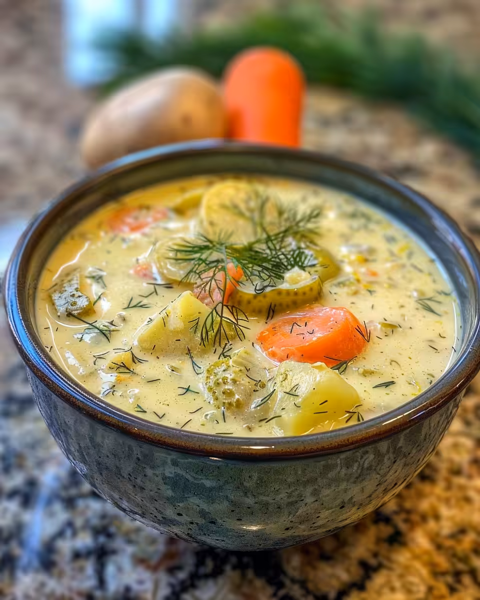 Serving of Creamy Dill Pickle Soup garnished with fresh dill