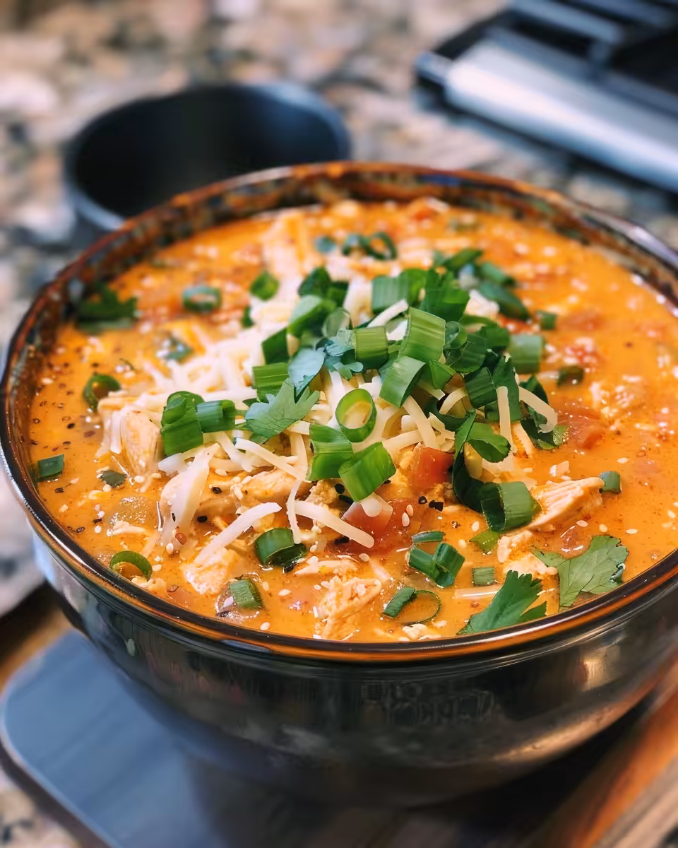 Serving bowl filled with white chicken chili topped with cheese and avocado