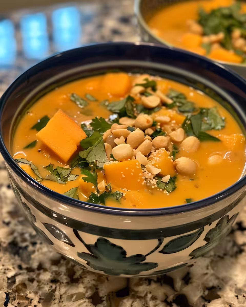 Serving creamy peanut soup garnished with peanuts, cilantro, and hot sauce