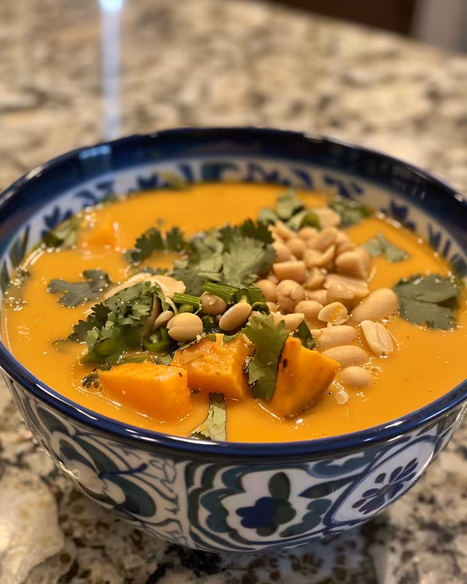 Creamy peanut soup with sweet potatoes beginning to release aroma