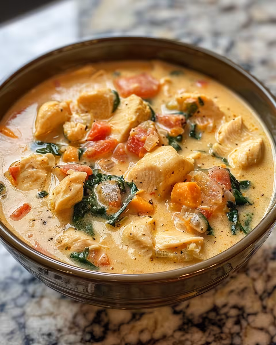 Bowl of creamy Tuscan chicken soup ready to serve topped with parmesan