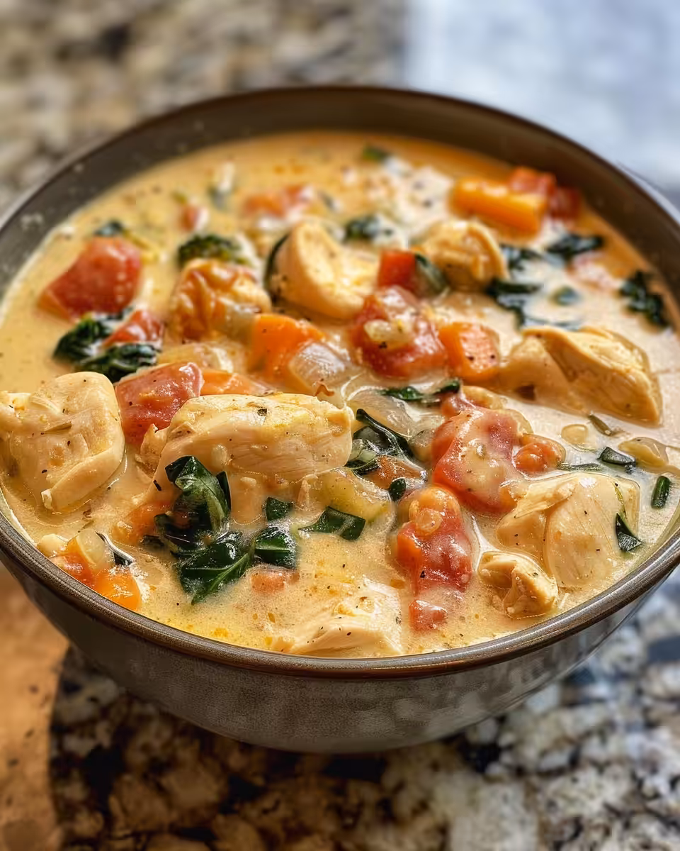 Creamy Tuscan chicken soup simmering in a pot with herbs