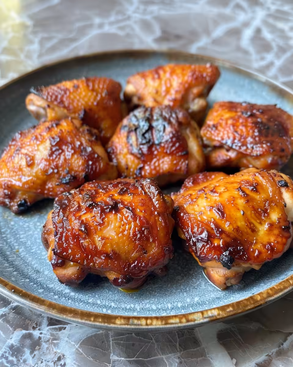 Served pressure cooker chicken thighs with crispy skin and 1-1-1 sauce drizzle
