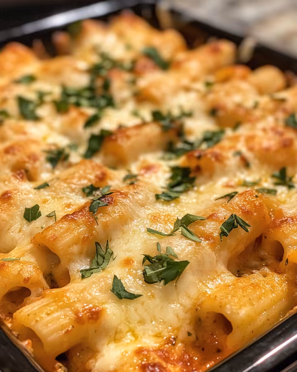 Ingredients layered in crock pot for baked ziti