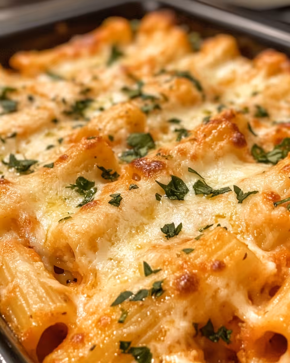 Creamy cheesy baked ziti fresh and ready to serve
