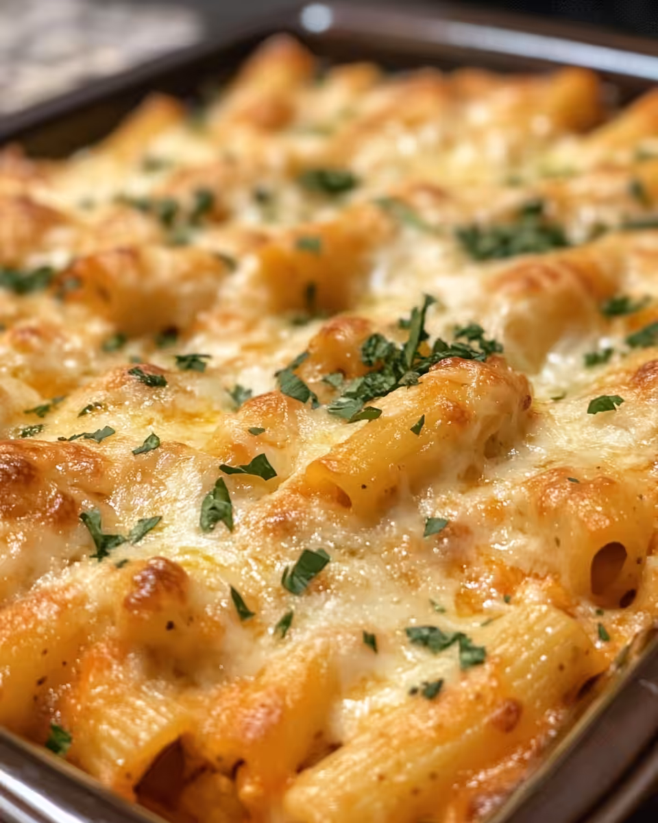 Crock pot filled with cheesy baked ziti cooking
