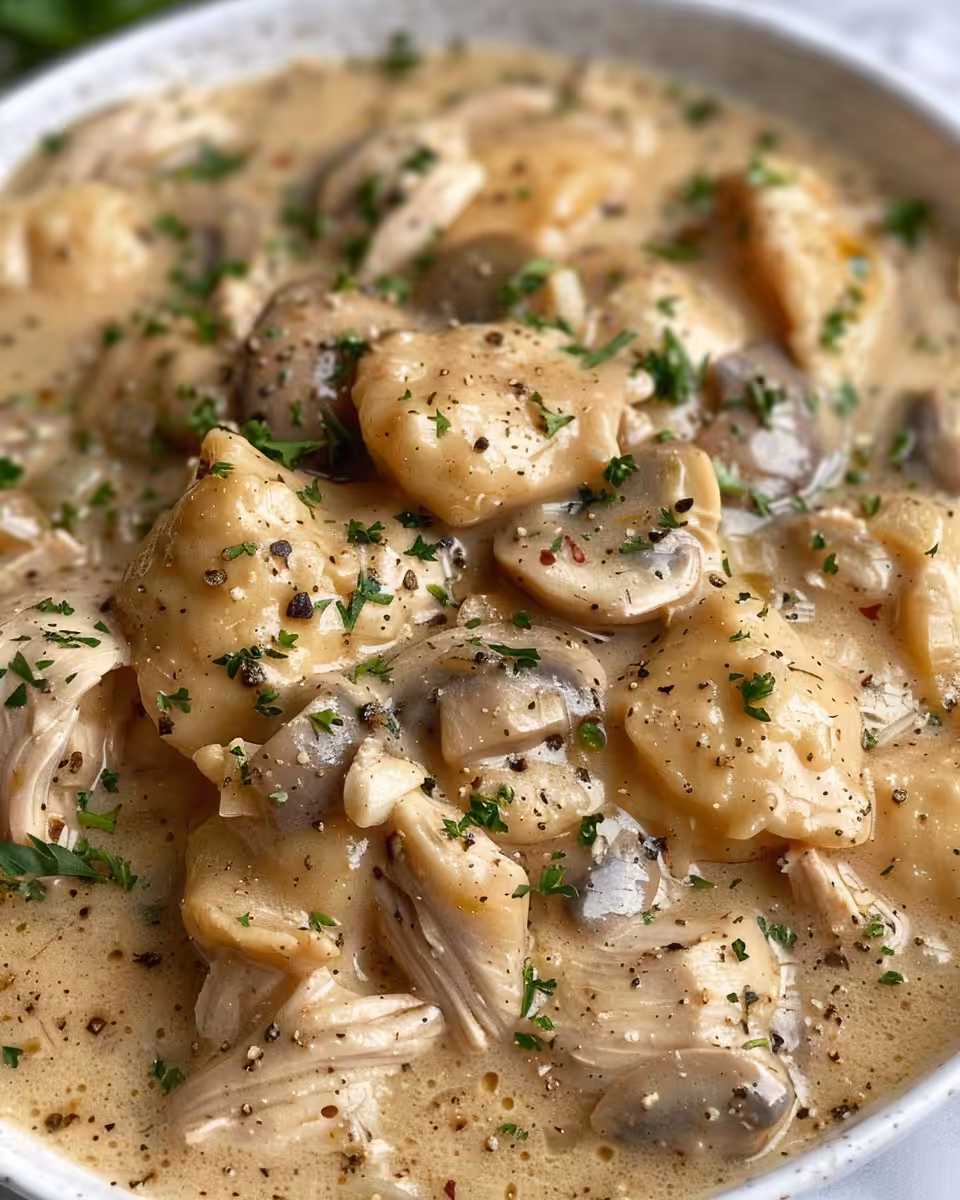 Slow cooker pressure chicken and dumplings close-up view