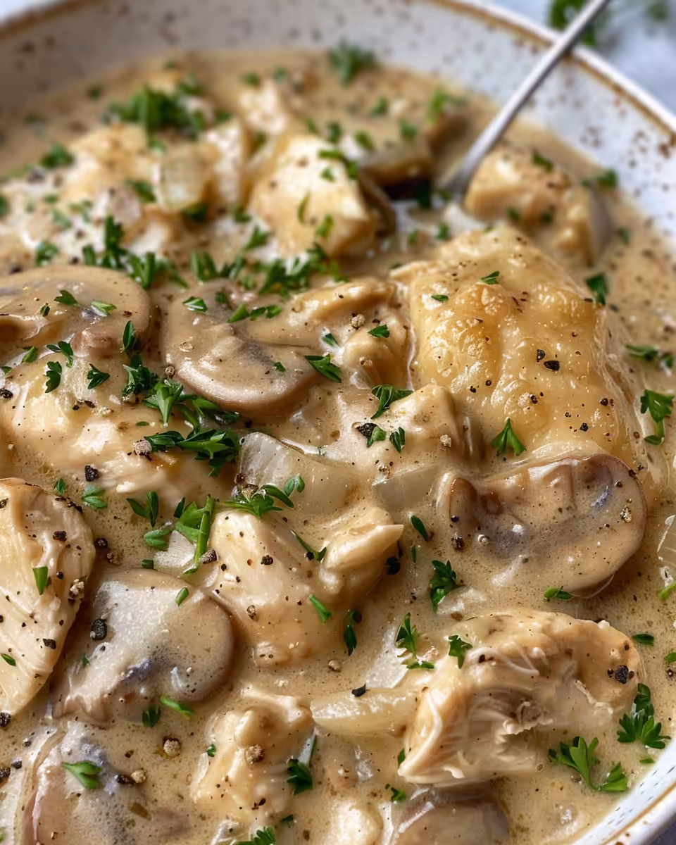 Slow cooker chicken and dumplings served in bowl garnished with parsley