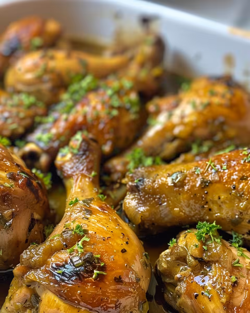 Serving platter of slow cooker chicken legs garnished with sesame seeds and herbs