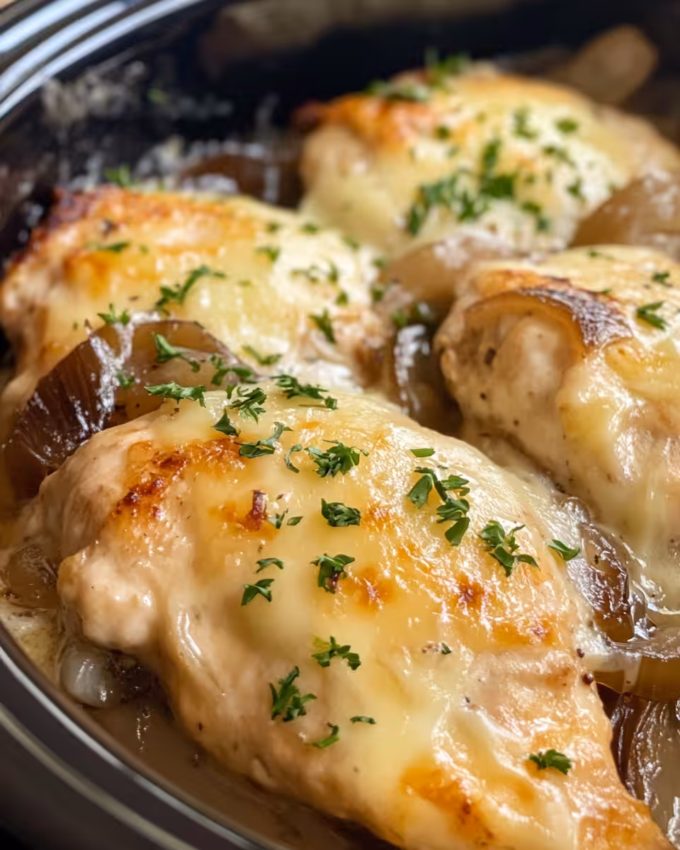 Ingredients layered in crock pot for French onion chicken
