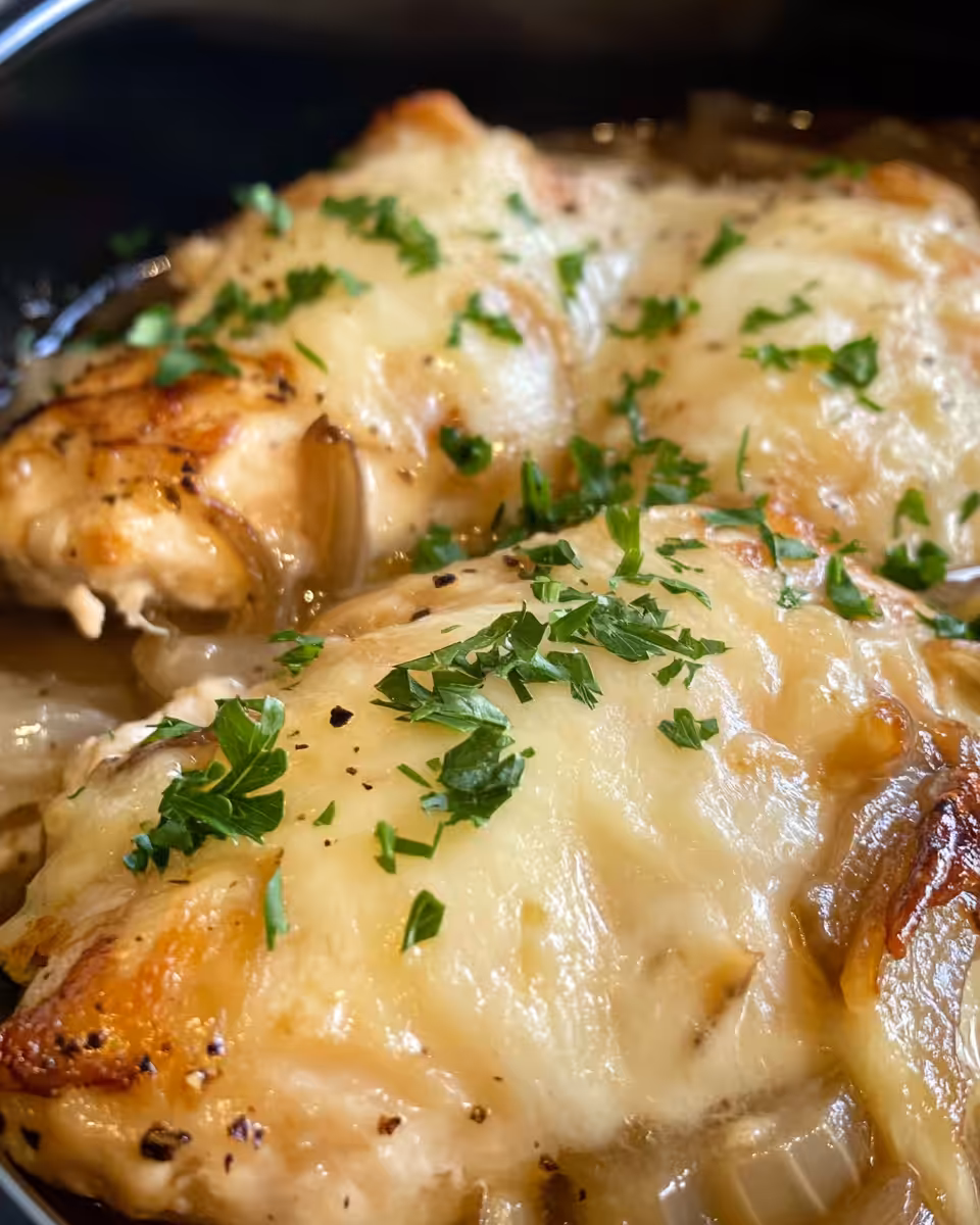 Serving of French onion chicken topped with melted Gruyere cheese