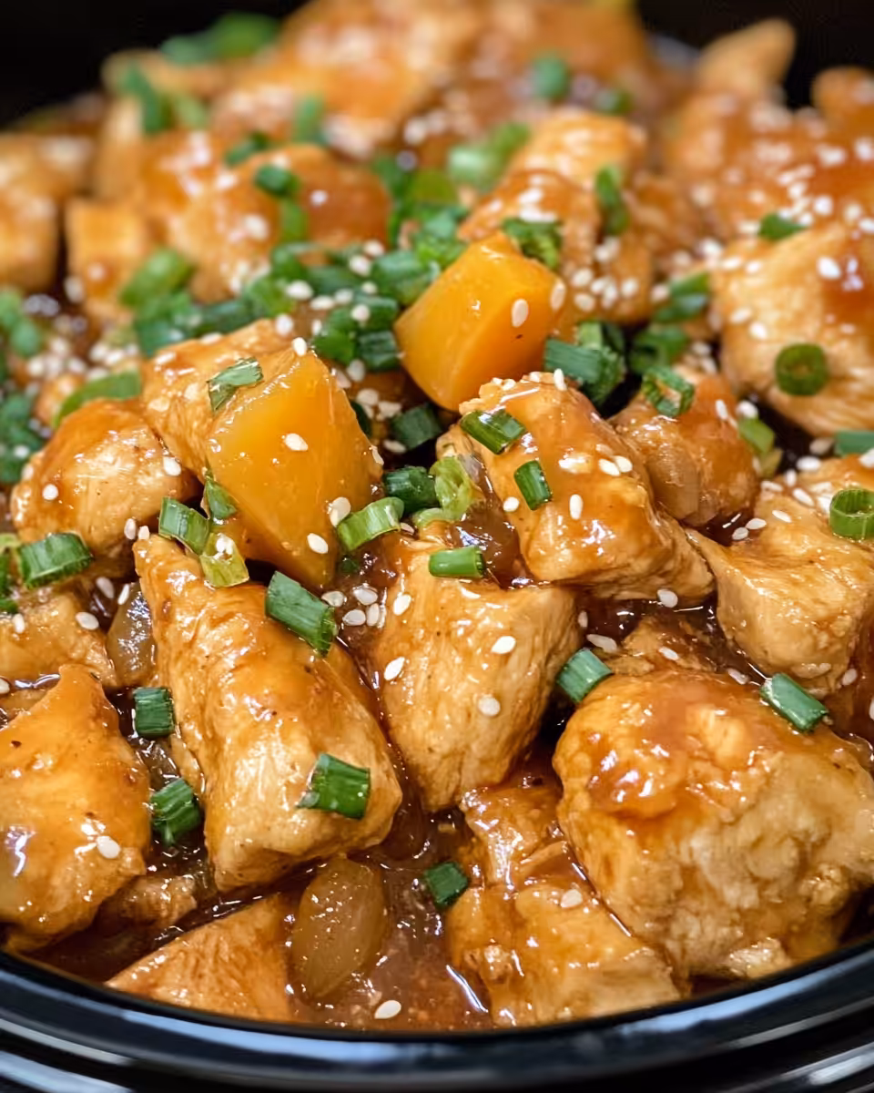 Step showing mandarin chicken cooking process in crock pot