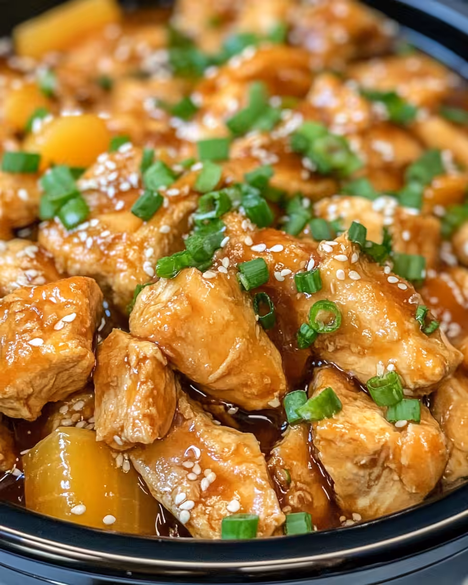 Steaming crock pot with mandarin chicken aroma inviting to kitchen