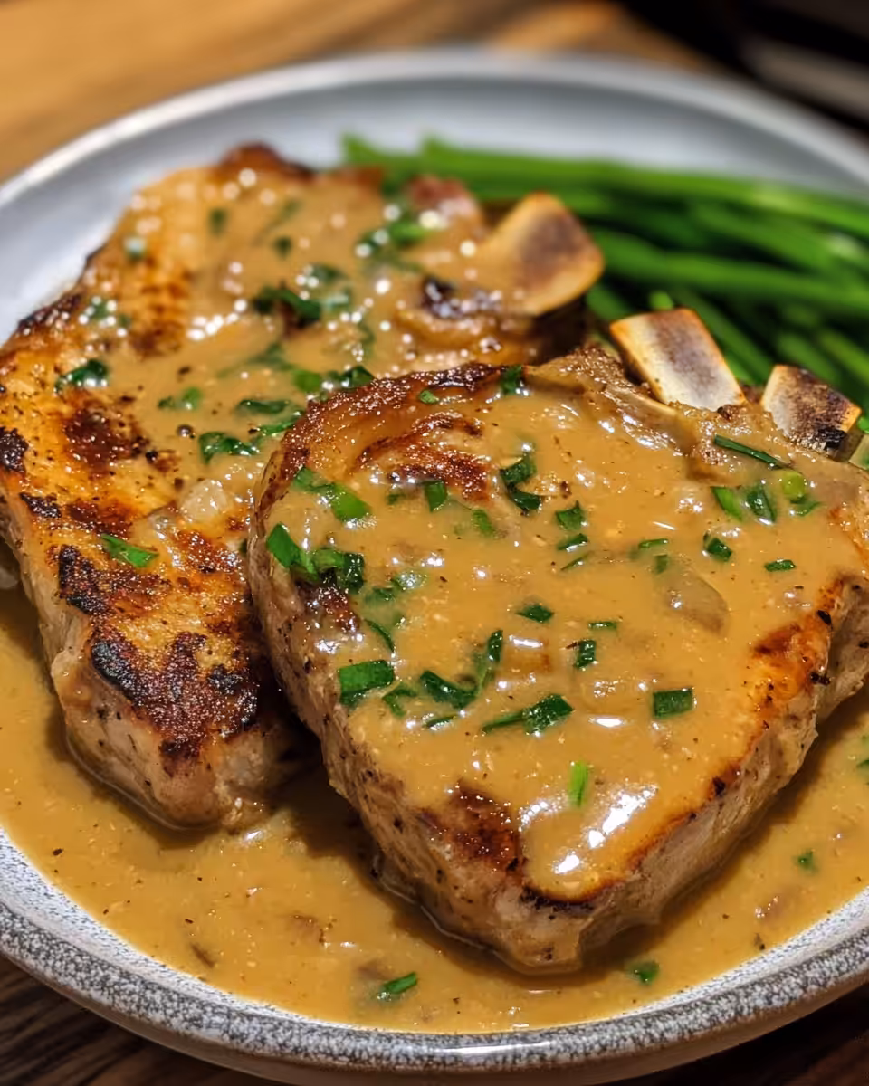 Served crock pot pork chops with rich gravy ready to eat