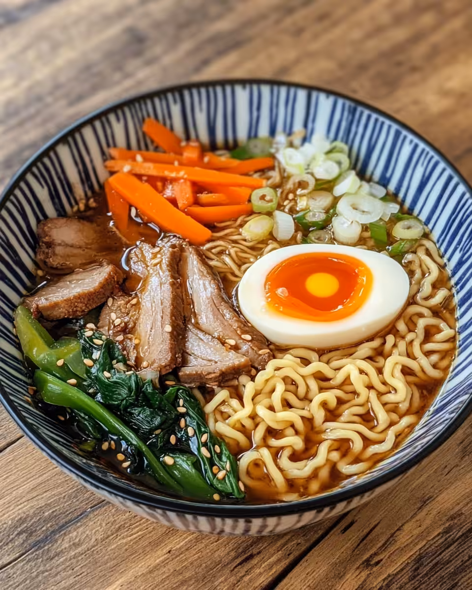 Served bowl of slow cooker ramen with broth and noodles