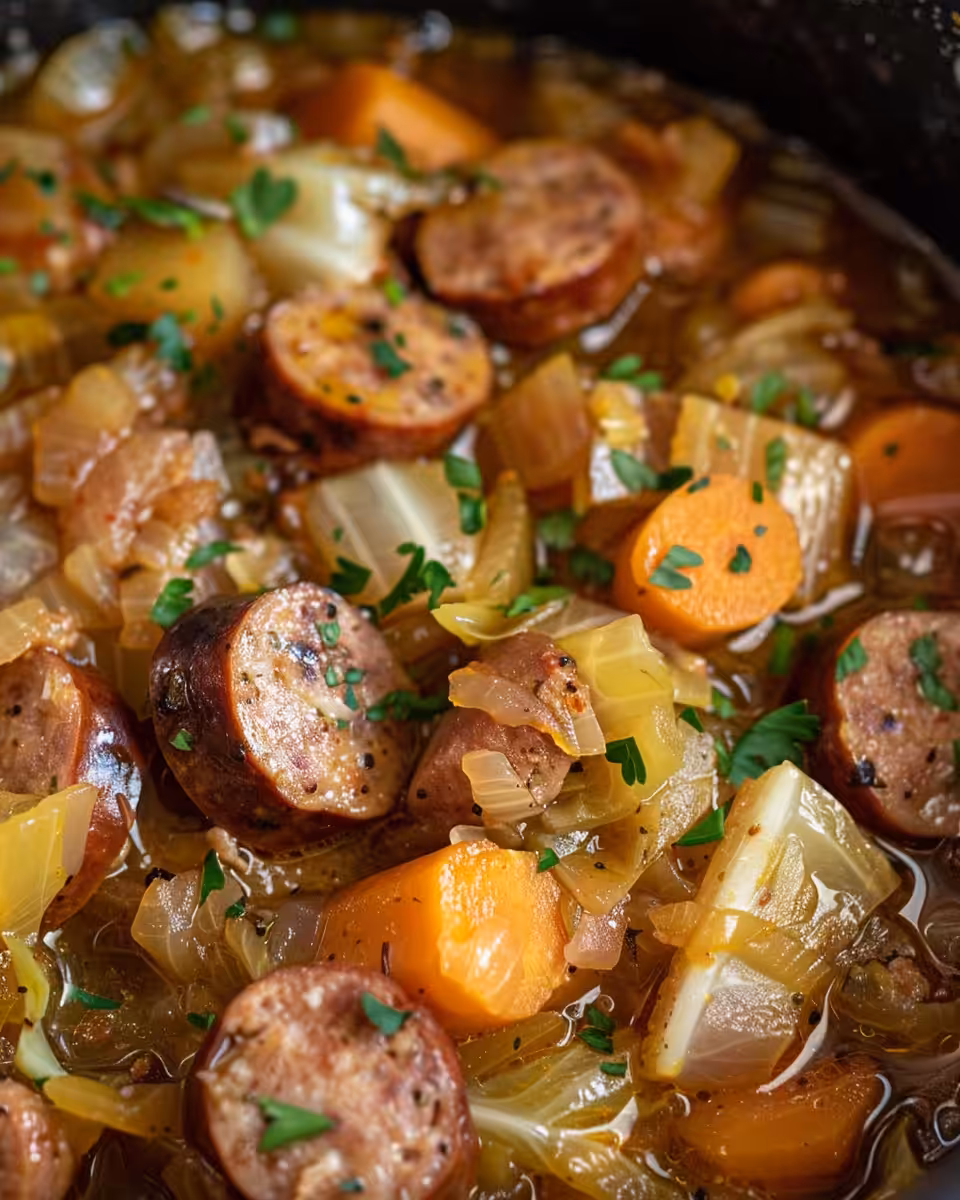 Ingredients and process for making sausage and cabbage soup in a slow cooker