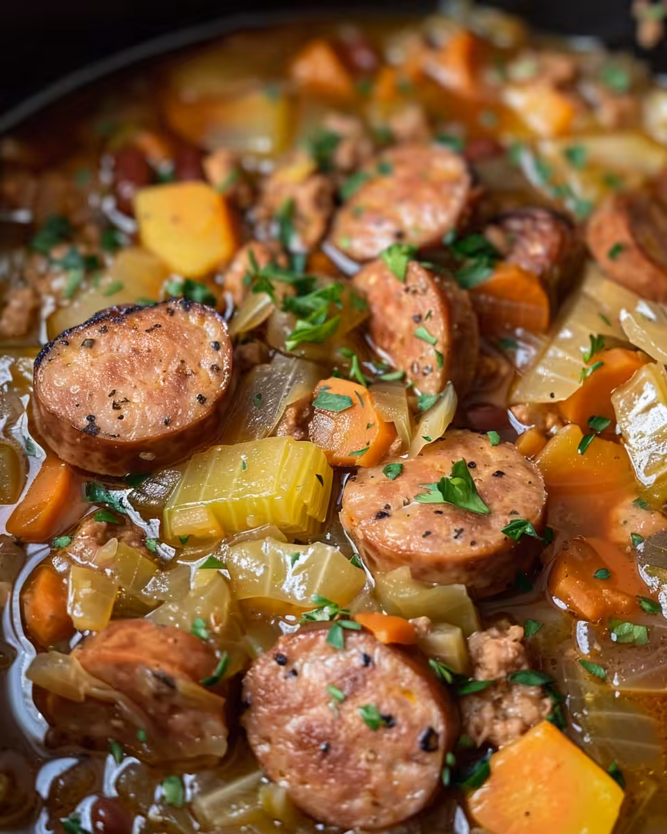 Serving bowl of sausage and cabbage soup with fresh herbs