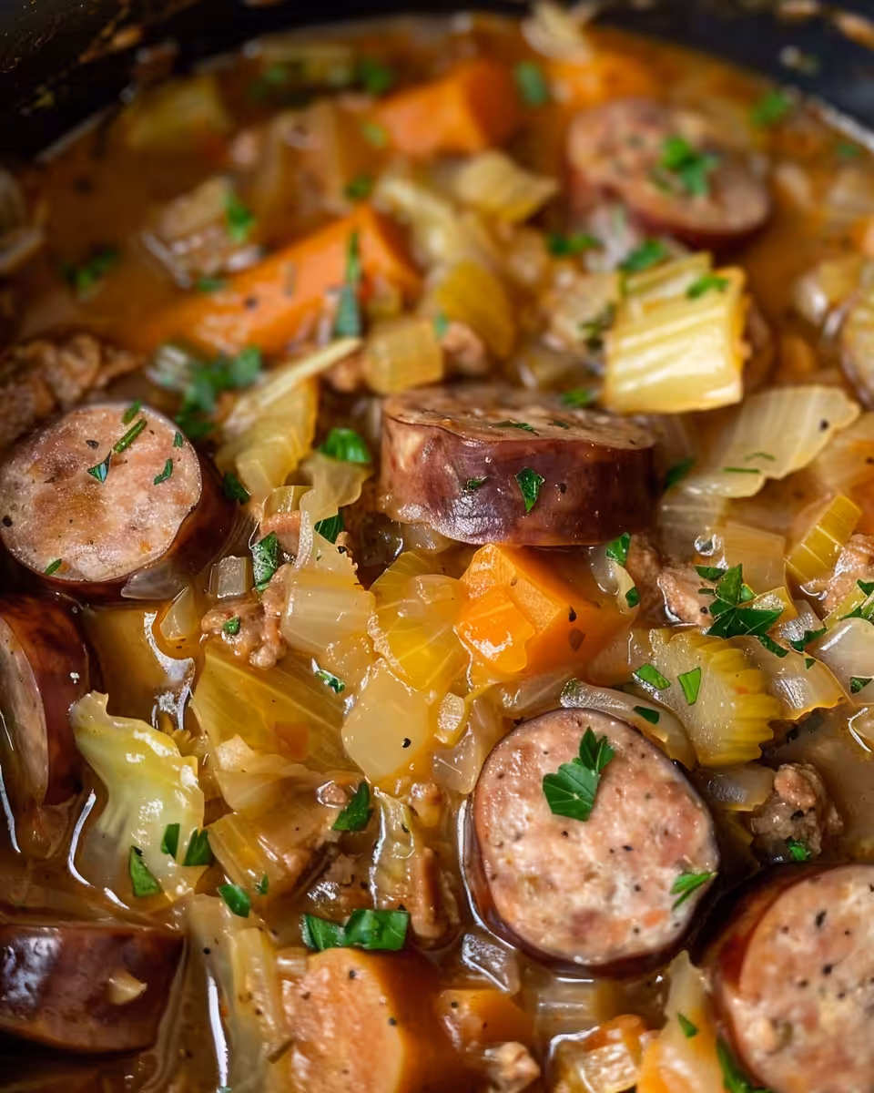 Slow cooker with sausage and cabbage soup simmering