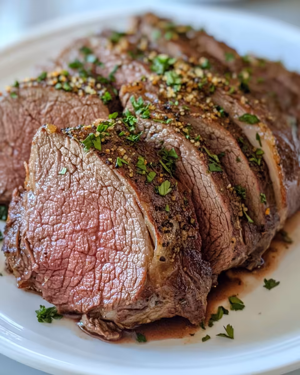 Crock pot with sirloin tip roast cooking inside, steam starting to rise