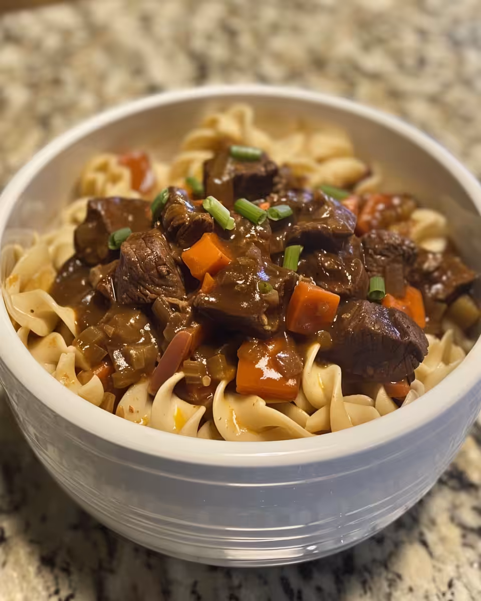 Served crockpot beef and noodles in bowl, ready to eat