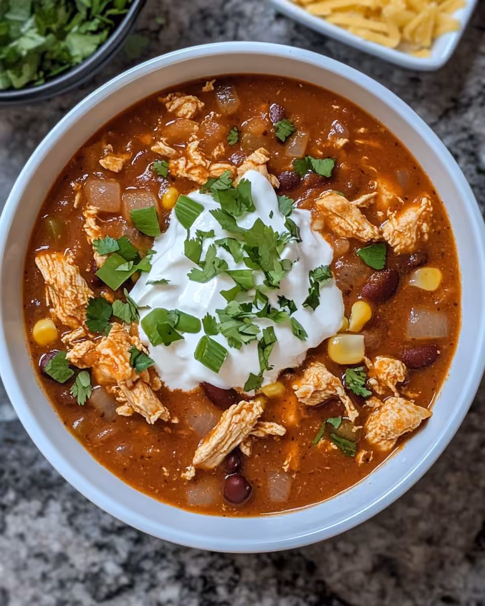 Served Crockpot Buffalo Chicken Chili with toppings
