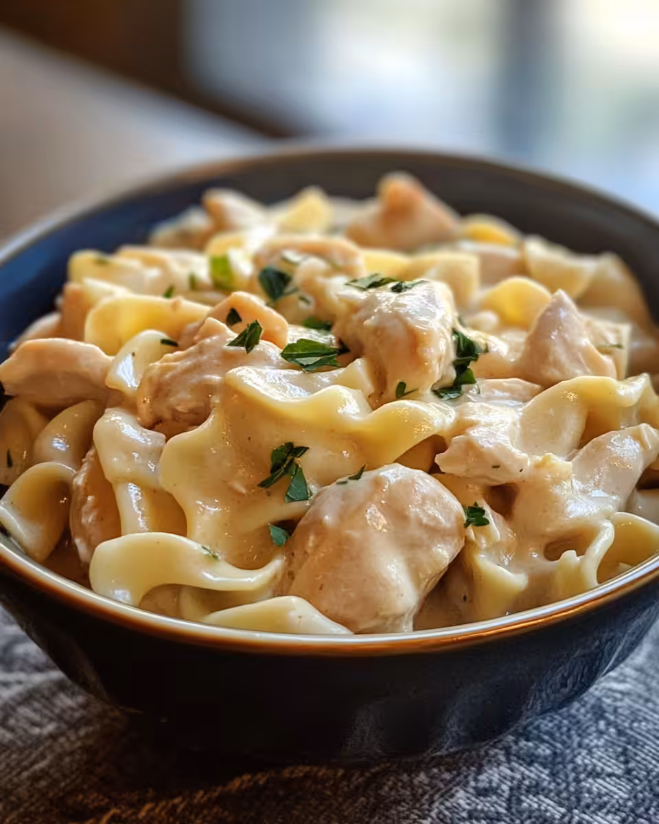 Ingredients for crockpot chicken and noodles arranged on a counter