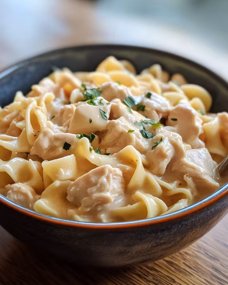 Serving bowl filled with creamy crockpot chicken and noodles garnished with parsley