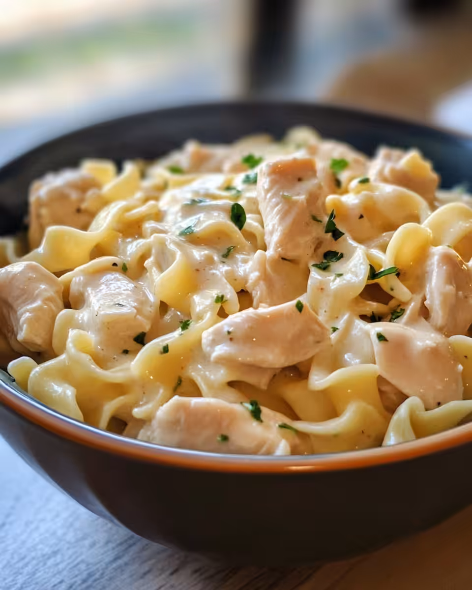 Close-up of crockpot chicken and noodles cooking with float valve in action