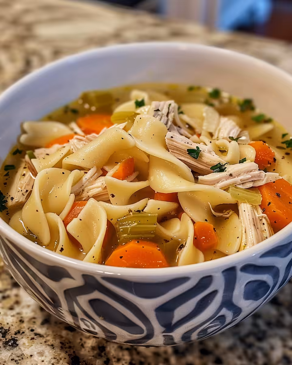 Ingredients for crockpot chicken noodle soup including chicken, vegetables and herbs