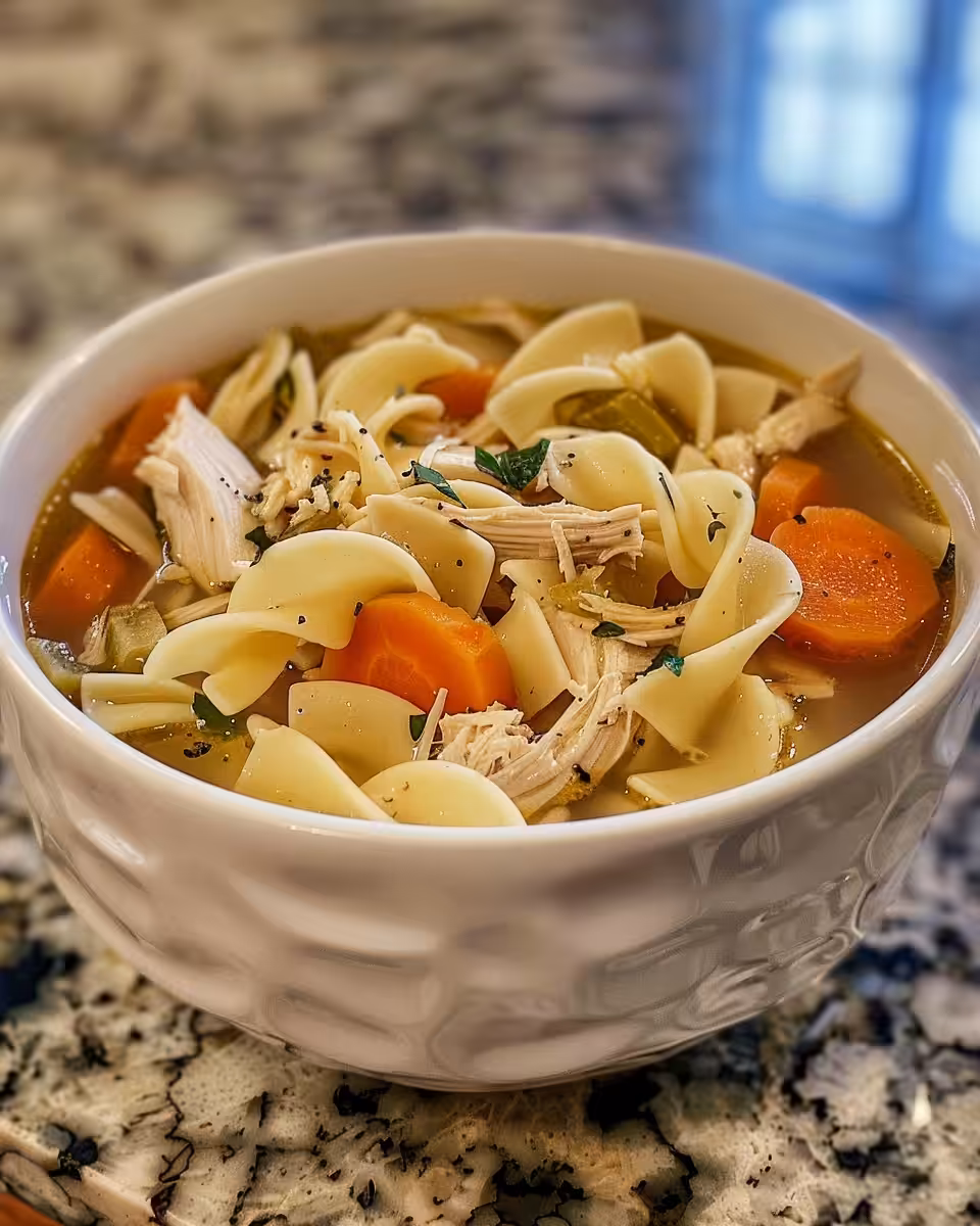 Served bowl of crockpot chicken noodle soup with herbs and noodles