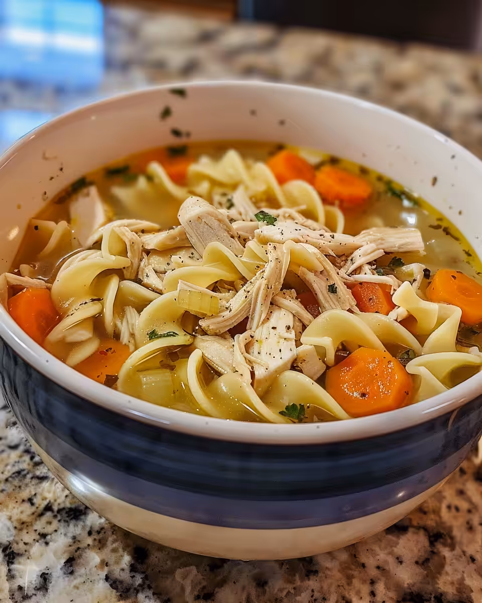 Crockpot chicken noodle soup simmering with tender chicken and noodles