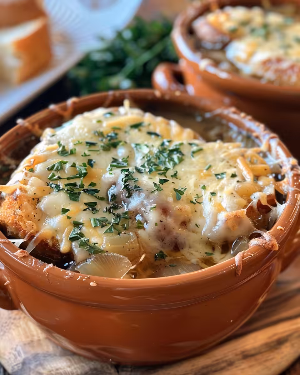 Bowl of French onion soup with melted cheese and toasted bread ready to serve