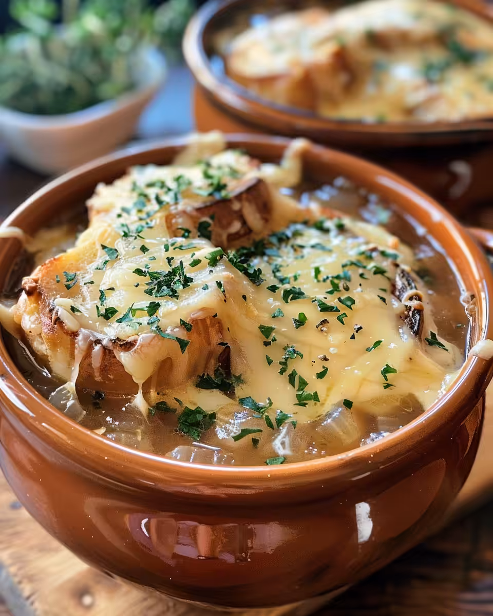 Steaming crockpot French onion soup with caramelized onions and broth