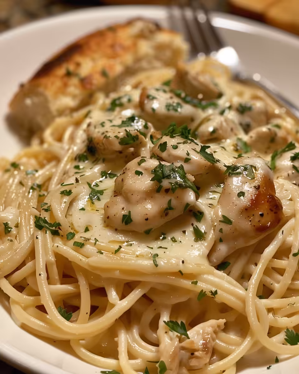 Served Olive Garden chicken pasta with creamy sauce and shredded chicken on a dinner plate