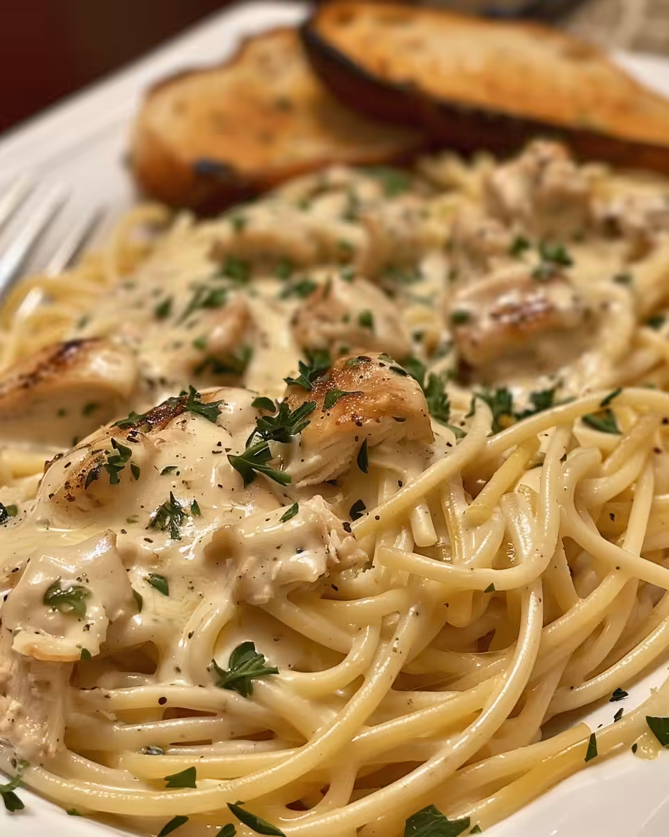 Close-up of creamy Olive Garden chicken pasta cooking in crock pot with steam