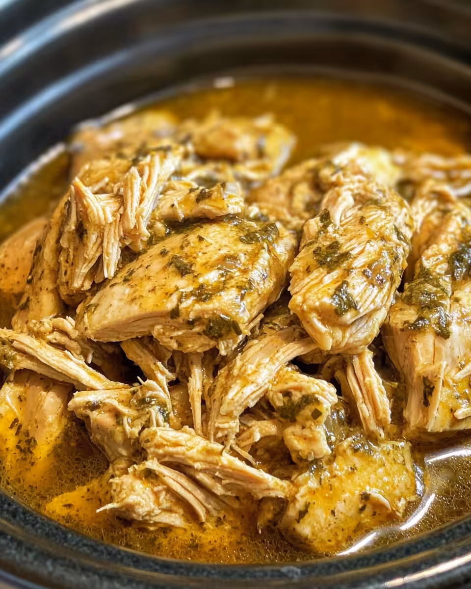 Creamy ranch slow cooker chicken served with noodles and garnished