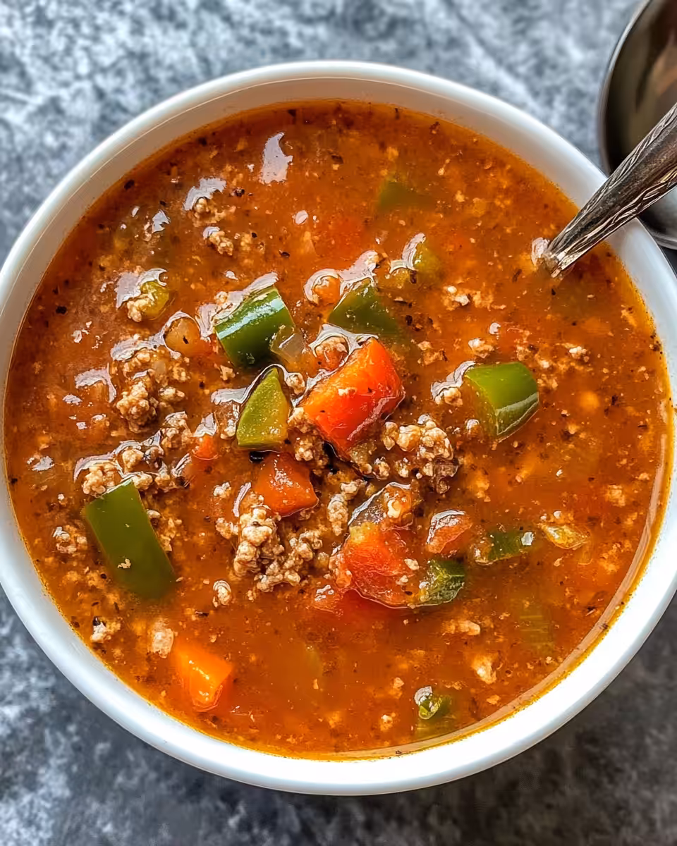 Close-up of crockpot stuffed pepper soup showing tender beef, peppers, rice, and rich broth