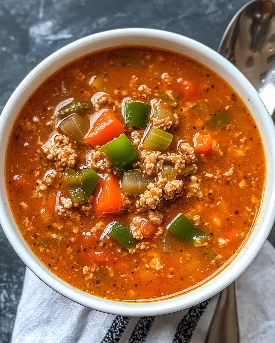 Crockpot stuffed pepper soup simmering with rich broth and peppers