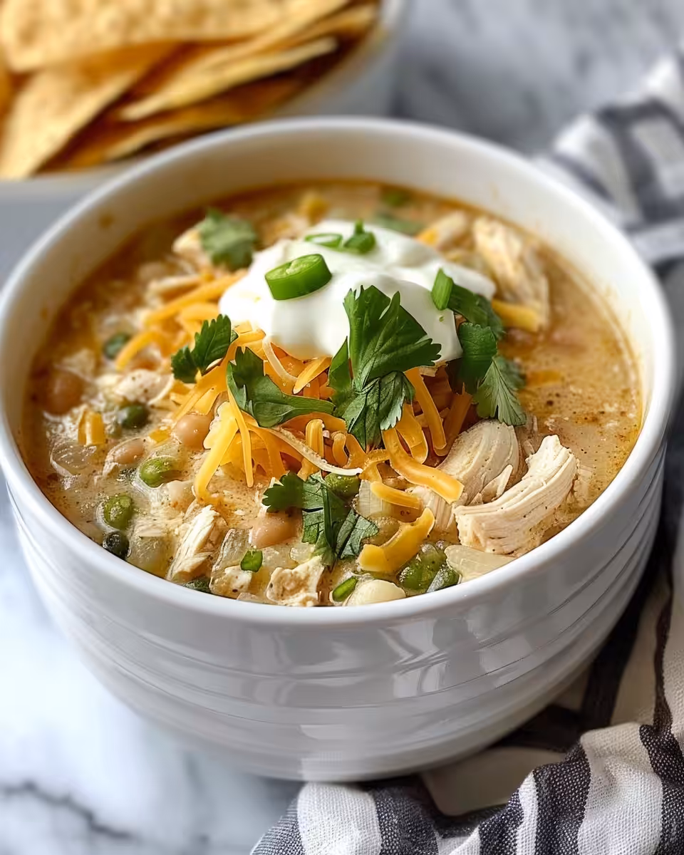 Slow cooker white chicken chili simmering in crockpot with steam